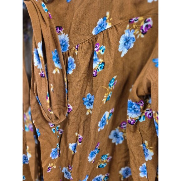 Olive & Leaf Womens Floral Tie-Front Blouse S Brown/Blue Rayon - Picture 2 of 5